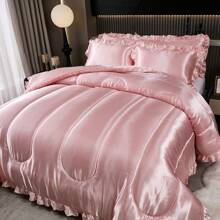 300 Thread Count Satin Comforter Set 4 Pieces Silk Like Pink Comforter Set Luxury Silky Bedding Set Soft Lightweight Ruffle Pillow Cover Cooling Bed Set - Pink - View 8