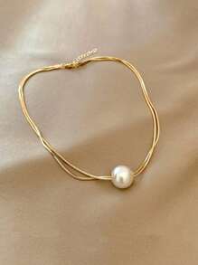 1pc Women's Fashion Titanium Steel Double Layer Faux Pearl Necklace, Elegant Gift For Valentine's Day