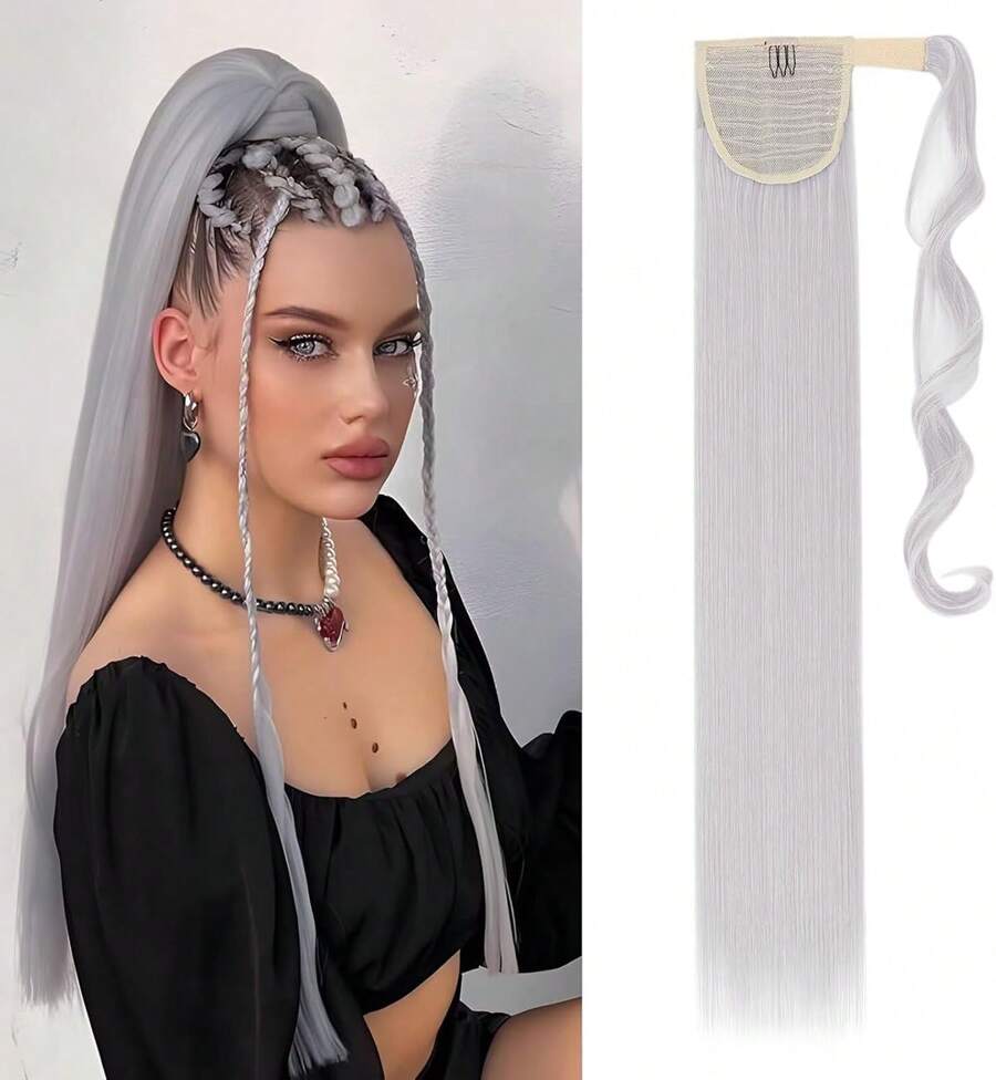 Ponytail Extensions, Ponytail Extensions, Straight Ponytail For Women, High Quality Matte Simulated Hair, Heat Resistant, Natural Fake Ponytail Extensions 24 Inches/60cm, Straight Ponytail For Women, Soft Double Weft Synthetic Fiber Hair, Magic Paste Wrap, Heat Resistant, 110 Grams - 淺灰色 - 查看 1