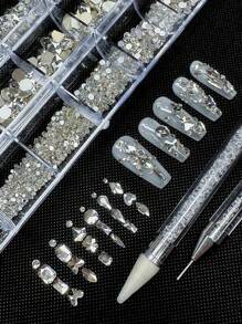 24 Designs DIY Nail Art K9 Glass Flat-Back White Rhinestones Set - High-Shine Crystals With Multi-Function Dotting Pen, Nails Salon,Nail Supplies,Halloween,Christmas,Festival Gift - Clear - View 8