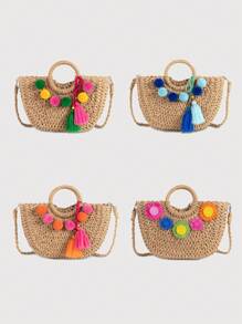 Handmade Raffia Flower Pom Pom Tassel Decor Beach Style Semicircle Women Handbag Shoulder Bag