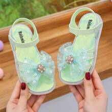 Layered Bowknot Design Pearl Decor Flat Sandals, Fairy Style Outdoor Slippers Suitable For Summer - Green - View 4