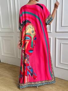 Vestido Maxi de Playa con Cuello en V, Corte Holgado y Estampado, Estilo Bohemio, Adecuado para Mujeres Talla Grande, Casual Elegante Rosa Otoño/Invierno Verano - Rosa - Ver 5