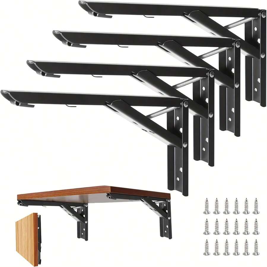 不锈钢折叠搁板支架 2 件装 弹簧可移动 节省空间 DIY 支架 壁挂式隔断 三角支撑支架 承重层压板支架 适用于桌子和长凳的搁板 包括螺丝 - 彩色 - 查看 1