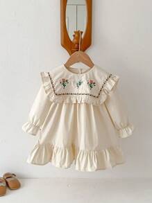 1 件装女童褶皱下摆刺绣领公主裙，休闲舒适长袖，适合春夏季