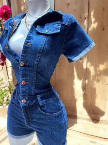 YOREE STRETCH DENIM JUMPSUIT WITH GOLDEN BUTTONS MOD. - 彩色 - 查看 7