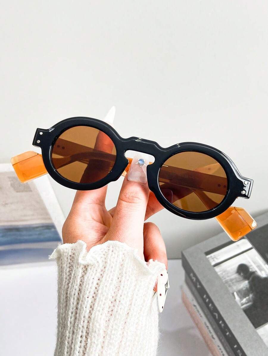New Retro Color Block Round Small Frame Fashion Fashion Glasses For Men And Women, Outdoor Versatile Suitable For Holiday Party, Daily Wear Eyewear