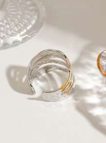 Uworld 1 件休闲镂空不锈钢袖口戒指简约几何开口戒指女士节日珠宝日常装饰 - 金銀拼色 - 查看 4