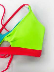popvil 2pcs Women Summer Beach Color Block Neon Bikini Set With Hollow Out Front And Back Tie Design, Bathing Suit, Vacation Bikini Set - Multicolor - View 2