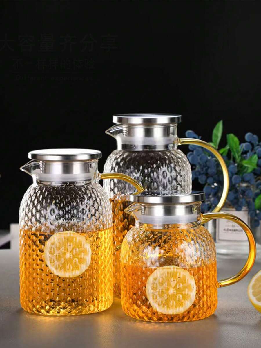 1pc Glass Water Pitcher Set, Large Capacity, Grain Pattern Cold Water Jug, Can Add Hot Water, Home Use