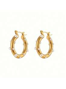 1 paire de boucles d'oreilles créoles de luxe en acier inoxydable plaqué or 18 carats avec perle, boucles d'oreilles en cubic zirconia coloré, conviennent pour le travail, les rendez-vous, les fêtes