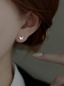 6pcs/2pcs Set Copper Butterfly Screw Earring Studs, Anti-Lost Versatile Earbone Jewelry - Silver Pair - View 3