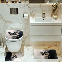 4 Stücke Badezimmer Set im Schmetterling Rose Motiv, inklusive Duschvorhang, Badematte, U-förmiger Toilettendeckel, Toilettenabdeckung, wasserdichter Duschvorhang, modischer Vorhang für Badezimmerdekoration, moderne Badezimmer Trennwand Vorhang, ohne Bohren, aus Polyester, maschinenwaschbar, Weihnachtsdekoration