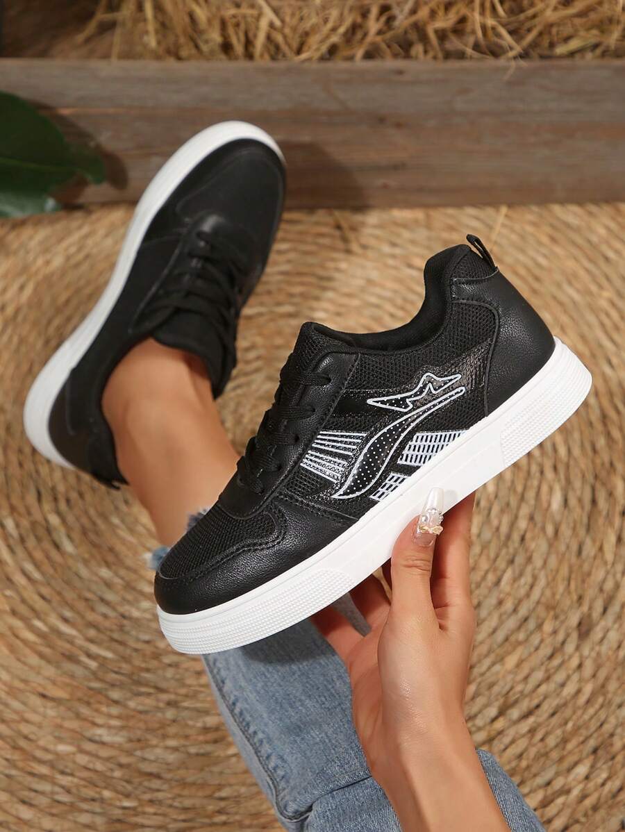 Damskie nowe, outdoorowe, codzienne, piesze wycieczki, uniwersalne, w paski, sznurowane, okrągłe, czarne trampki