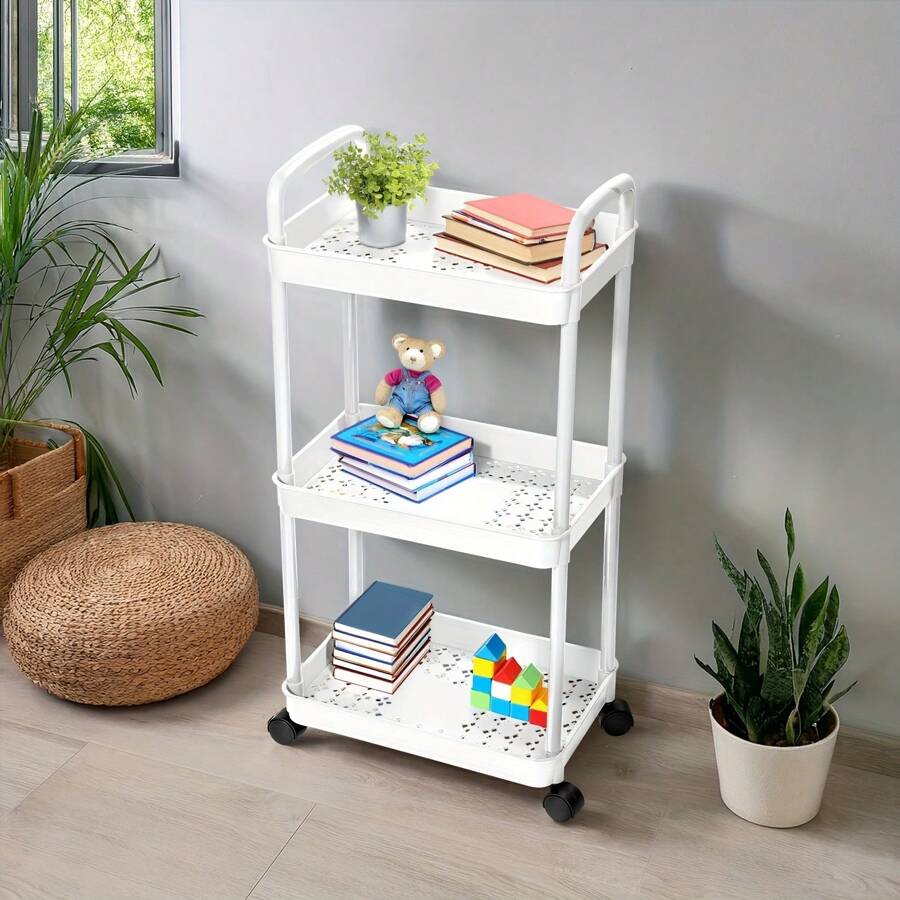 3-Tier Rolling Storage Cart With Wheels & Fixed Brake – White Plastic Organizer With 4 Hooks For Kitchen, Bathroom, Living Room, And Bedroom – Multi-Purpose Shelving Unit For Snacks, Books, And Household Essentials, Utility Racks - 白色 - 查看 1