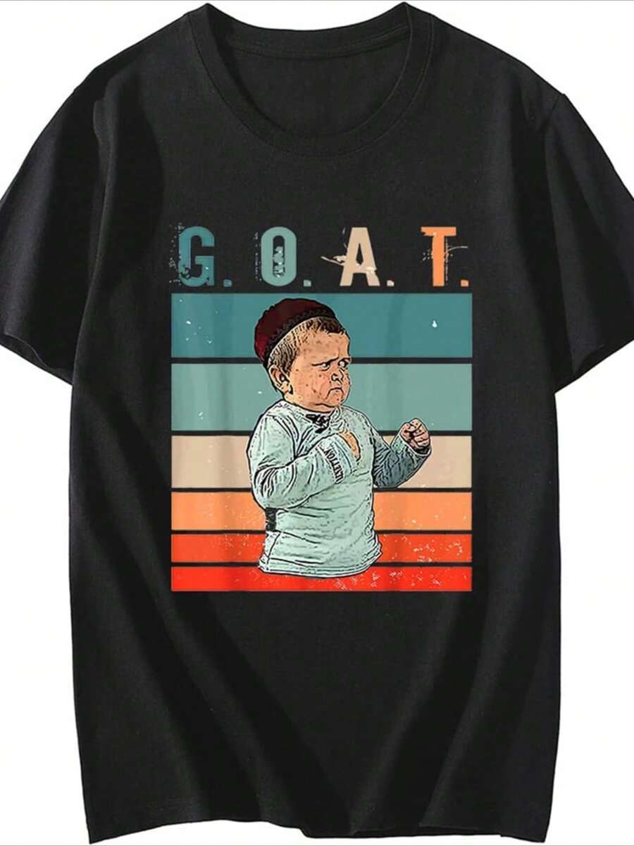 Camiseta de Hombre 1Pcs 220g 100% Algodón Impresión Digital Estilo Vintage de Hasbulla con G.O.A.T - Negro - Ver 1