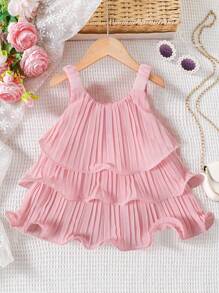 Sleeveless Shirred Cake Dress For Girls, Solid Color Suspender Design For Summer Young Girl Clothes Girls