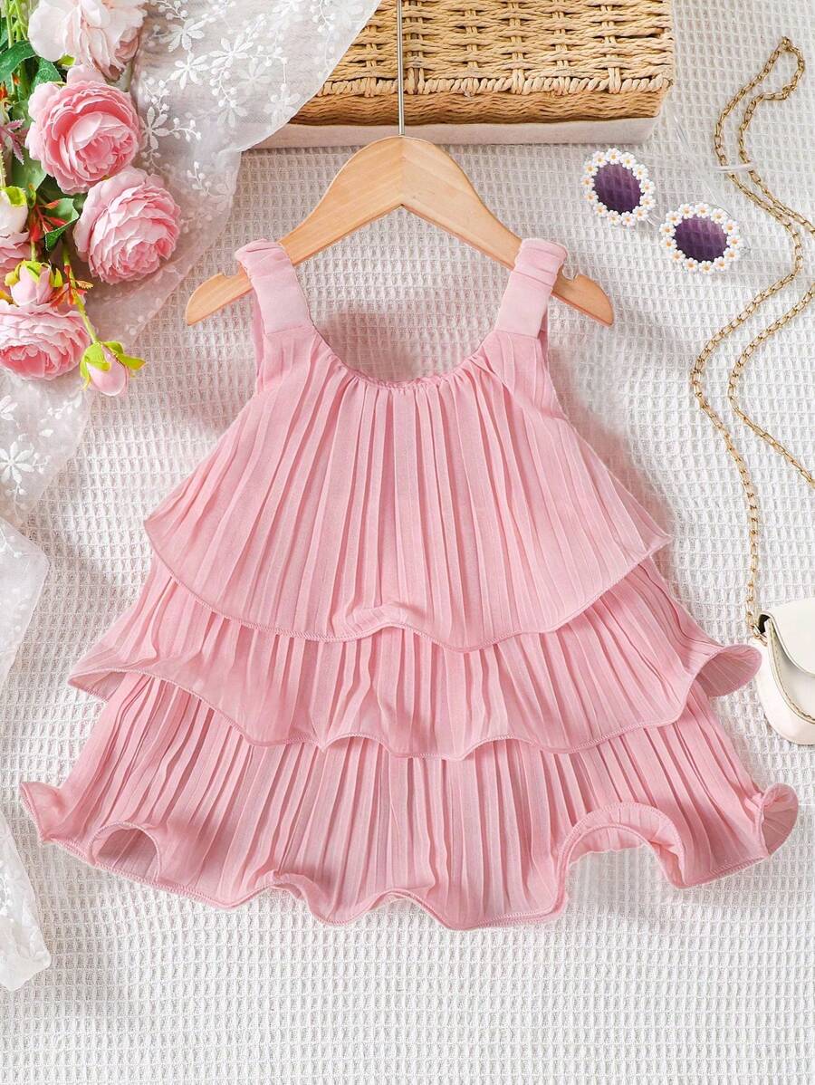 Sleeveless Shirred Cake Dress For Girls, Solid Color Suspender Design For Summer Young Girl Clothes Girls