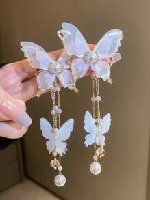 1 对复古优雅时尚甜美可爱蕾丝水钻仿珍珠蝴蝶长流苏耳环，适合女性日常和节日佩戴 - 彩色 - 查看 6