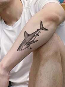 1/2 Pcs Waterproof, Sweat-Proof, No-Reflection Classic Shark Temporary Tattoo Stickers, Suitable For Fashionable People In Daily Use - Black - View 2