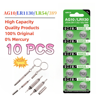 Hoge kwaliteit 10-50PCS AG10 LR1130 knoopcelbatterijen 389A LR1130 LR54 L1131 189 1.55V hoge capaciteit batterij voor horloges rekenmachines met 1pc schroevendraaier cadeau