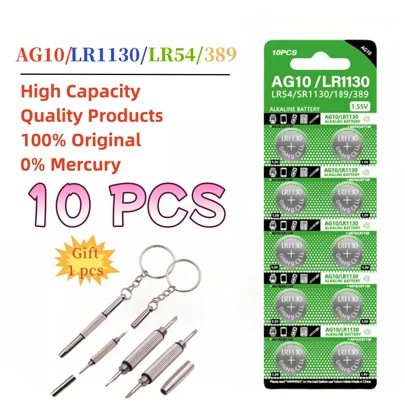 高品质10-50PCS AG10 LR1130纽扣电池389A LR1130 LR54 L1131 189 1.55V高容量电池适用于手表计算器带1个螺丝刀礼物