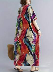 Plus Size Printed Pocket V-Neck Dress, Minimalist & Fashionable, Suitable For Summer Vacation Elegant - Mixed Colors - View 2