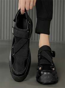 1 Pair Pure Black Closed-Toe Mesh Sandals, Breathable Comfortable Thick Sole Soft Elastic Hook And Loop - Black - View 3