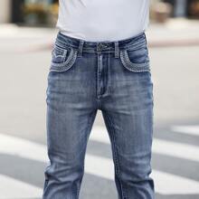 ESDVQ Men's Slim Fit Embroidered Pocket Stretch Straight-Leg Jeans - Light Wash - View 7