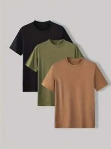 Kit de 3 camisetas Básicas casuais de manga curta e gola redonda Unissex, em tecido sólido algodão, roupas de verão - Verde Militar - Visão 1