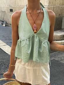 Women Plaid Babydoll Tank Tops Tie-Up Halter Neck Sleeveless Open Back Crop Top Vest Summer Streetwear