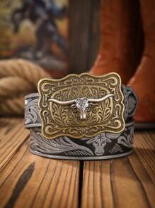 1 件男士波西米亚西部牛仔牛头扣复古深棕色 PU 皮带，适合所有季节