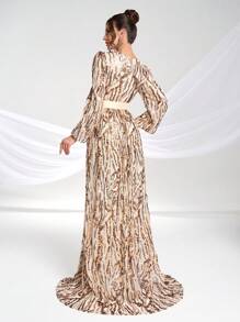 YISIKADO Women's Sequin Long Sleeve Tie Strap Random Print V-Neck Long Sleeve High-End Luxury Party Evening Dress, Wedding Guest Dress, Formal Dress,Gown - Champagne - View 3