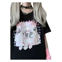 Kawaii Harajuku Fashion Pastel Goth Loose Crewneck Soft Japanese Style Cute Anime Print T-Shirt Fashionable Plus Size Women's T-Shirt, Super Soft And Breathable Cotton | Comfortable Fit, Versatile Everyday Style, Suitable For All Seasons. - 黑色 - 查看 1