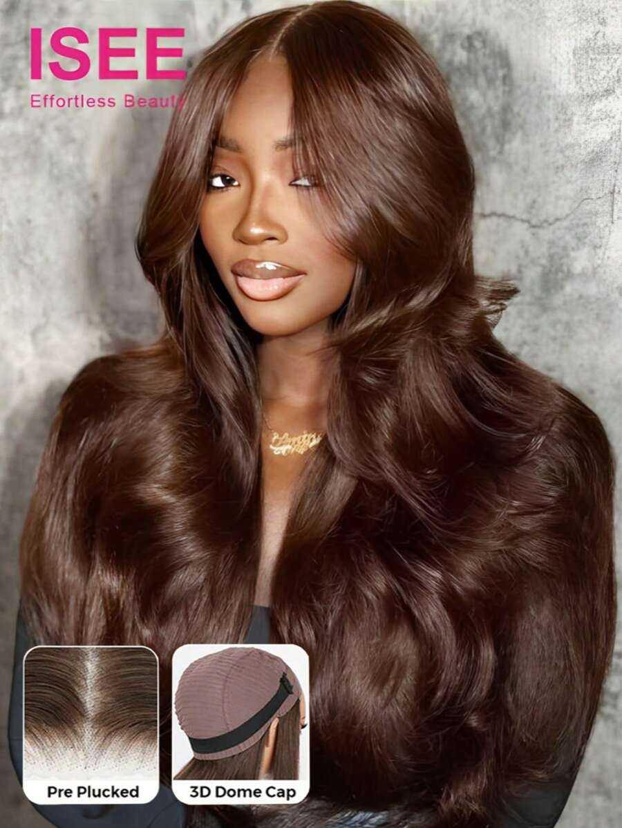 ISEE HAIR 巧克力棕色波浪蕾丝前发假发 6x4 蕾丝闭合假发 180% 密度真人发质 无胶假发 适合初学者 预拔预剪 16-28 英寸闭合假发 适合女性 - S4 - 查看 1