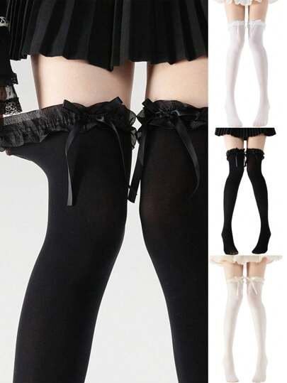 1 Pair Bow Lace Trim Over-The-Knee Socks, Suitable For Pairing With Skirts, Y2K
