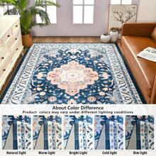 Homore Washable Area Rugs, Large Non-Slip Vintage Rugs For Living Room, Low Pile Floral Distressed Indoor Rugs, Print Carpet Rug For Bedroom Kids Playroom Dining Room Decor - 灰藍色 - 查看 6