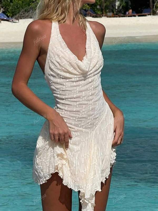 Plain Color Drape Neck Textured Backless Lace Dress