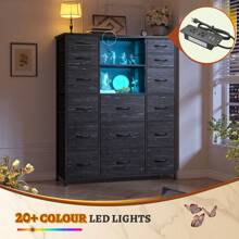 EnHomee 51"H Tall Dresser With 15 Drawers, Dresser For Bedroom With LED Lights & Hutch Sturdy Fabric Bedroom Dresser, Steel Frame, Wood Top, 51.2"H X 39.3"W X 11.8"D, Mother's Day Decor, Room Decor, Home Decor, Black Wood Grain - Xem 4