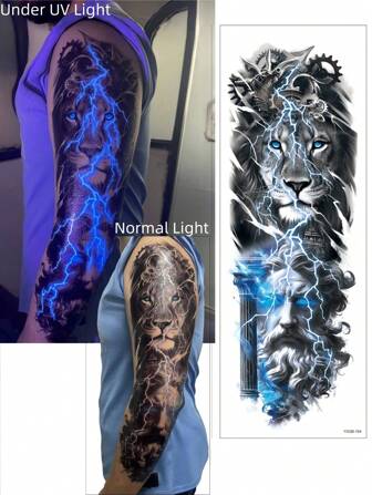 1 Sheet Glow In The Dark Tattoo Sleeve Tattoo Temporary Realistic Neon Tattoo Fake Sleeve Tattoo Fluorescent UV Full Sleeve Tattoo Men And Women Waterproof Fake Tattoo With Lion Lightning Suitable For Holiday Party