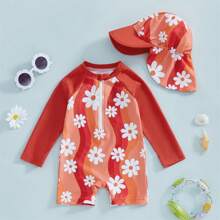 Toddler Baby Girl One Piece Swimsuit UPF 50+ Sun Protection Long Sleeve Rash Guard Bathing Suit Swimwear Sunhat Set - Red - View 1