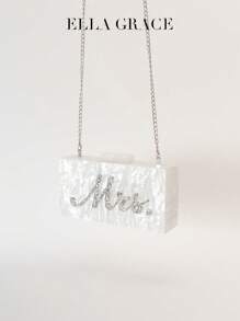 Elegant White Acrylic Rectangular Evening Purse With Marble Texture And "Mrs." On The Front - Metal Chain Included. Ideal For Formal Occasions Such As Wedding Parties, Valentine's Day, Year-End Parties And Celebration Banquets. Thoughtful Valentine's Day, Year-End Party And Celebration Banquet Gift. Ideal Present For Giving. - White - View 5