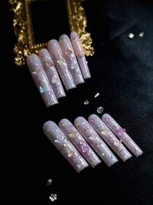 10 件超长手工按压指甲，适合派对和日常佩戴，3D 水钻，适合女孩的蝴蝶，易于佩戴 10 件 Y2K 超长手工按压指甲，闪亮的人造宝石，春夏风格，适合女孩和女性节日派对和日常佩戴（注意：配饰颜色随机）