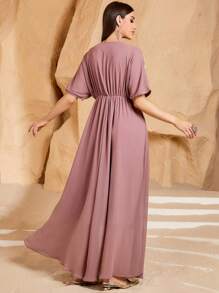 Women's V-Neck Solid Color Floral Embroidered Pearls Decorated High Waist Long Sleeve Arabian Dress