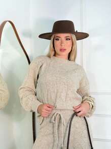 WOMEN'S WINTER MOUSSE KNITTING SET WITH PANTS AND BRAIDED BLOUSE - Beige - View 1