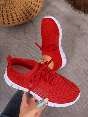 女士简约大码低跟休闲运动网球鞋，宽版舒适轻便透气网眼运动鞋，平底系带户外健身跑步鞋