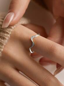 BALMORA 1pc Sterling S925 Silver Vintage Simple Elegant Geometry Wavy Zirconia Finger Ring For Women Party Daily Wearing Friendship Jewelry Gift - Silver - View 3