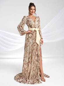 YISIKADO Women's Sequin Long Sleeve Tie Strap Random Print V-Neck Long Sleeve High-End Luxury Party Evening Dress, Wedding Guest Dress, Formal Dress,Gown - Champagne - View 4