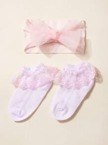 1 PC Kant Strik Baby Hoofdband + 1 Paar Baby Kant Sokken, Voor 1-3 Jaar Oud, Peuter Lente En Zomer Jurk, Strik Hoofdband En Sokken, Zacht En Modieus, Geschikt Voor Foto's En Het Dagelijks Leven, Lente En Zomer Haaraccessoires