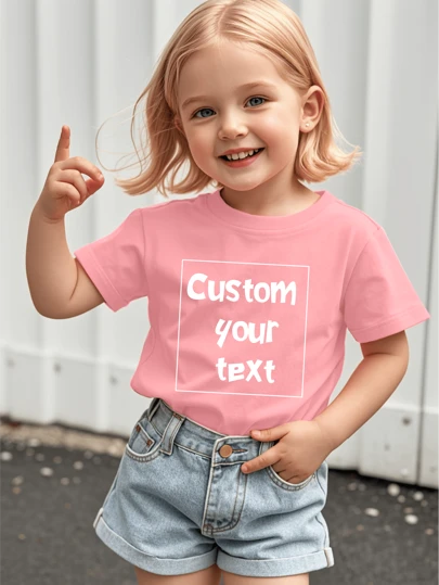 Customized Text, Spring/Summer Girl Toddler/Child T-Shirt, Customize Your Birthday/Name/Blessing/Words, Summer Girls Tops, Tween Girl T-Shirts, Birthday/Holiday Graphic Customized, Team/Outdoor/School/Sports Customized, Personalized Round Neck Short Sleeve Black Tee For Girls, Holiday Gift, Best Friend Gift, Birthday Gift Customized